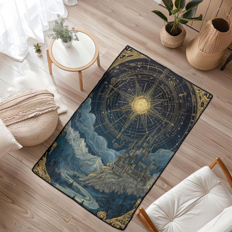 May include: A rectangular rug with a celestial design. The rug features a dark blue background with a gold compass rose and a castle illustration. The border is gold with ornate detailing. The rug is placed on a wooden floor.