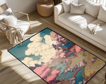 May include: Rectangular area rug featuring a Japanese-inspired landscape with a river, traditional buildings, and cherry blossom trees. The rug has a black border and a color palette of blues, pinks, greens, and beige. The rug is placed on a wooden floor.