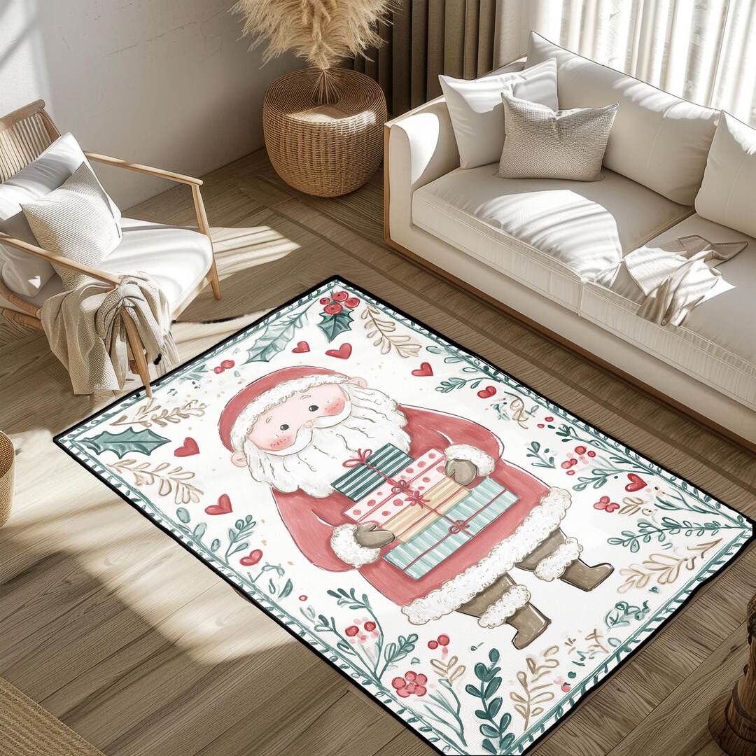 Celebration Rug Watercolor Santa Christmas Rug, Cute Holiday Decor Area Rug, Family ...