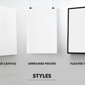 May include: Image showcasing three art presentation styles: wrapped canvas, unframed poster, and floater canvas. The text "STYLES" is displayed below the examples, indicating different framing options for artwork.