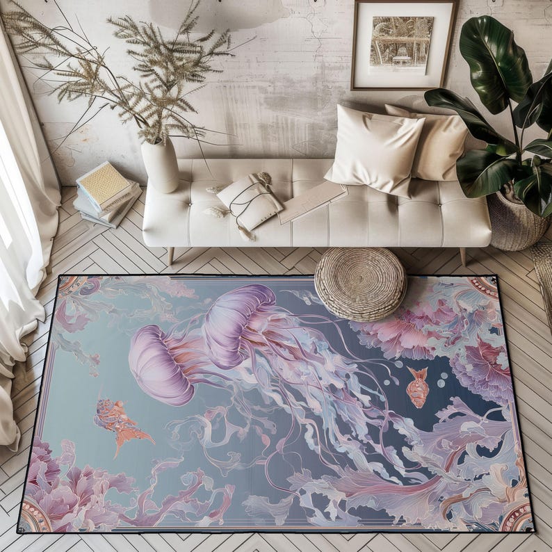 Peut inclure: Tapis rectangulaire avec un motif marin, repr&eacute;sentant des m&eacute;duses dans des tons de violet et de bleu, avec des &eacute;l&eacute;ments floraux roses. Le tapis a une bordure noire et est pos&eacute; sur un sol en bois. Le design comprend des poissons et des &eacute;l&eacute;ments floraux.