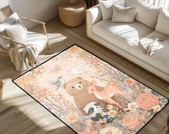 Woodland Animals Nursery Rug, Cottagecore Forest Decor Rug, Cute Bear Deer Play Mat, Baby Shower Gift For Daughter Rug, Kids Room Area Rug