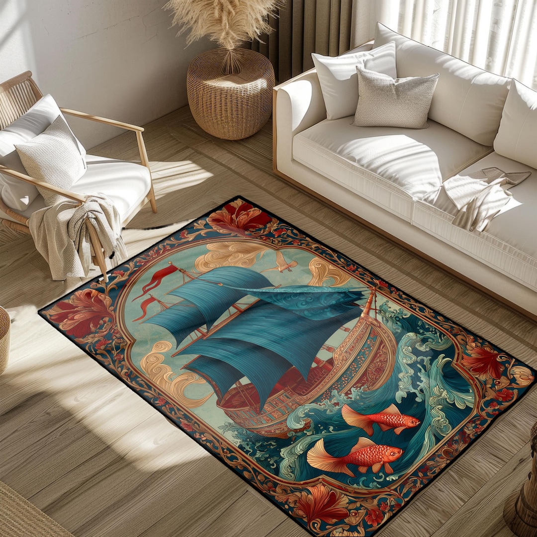 Art Nouveau Sailing Ship Rug, Mystical Ocean Lover Area Rug, Vintage ...