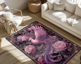 Mythisch bloemenkleed Phoenix, vloermat fantasiepioen, tapijt spirituele wedergeboorte symbool, tapijt magisch wezen, woondecoratie magisch wezen, tapijt cadeau fantasieliefhebber