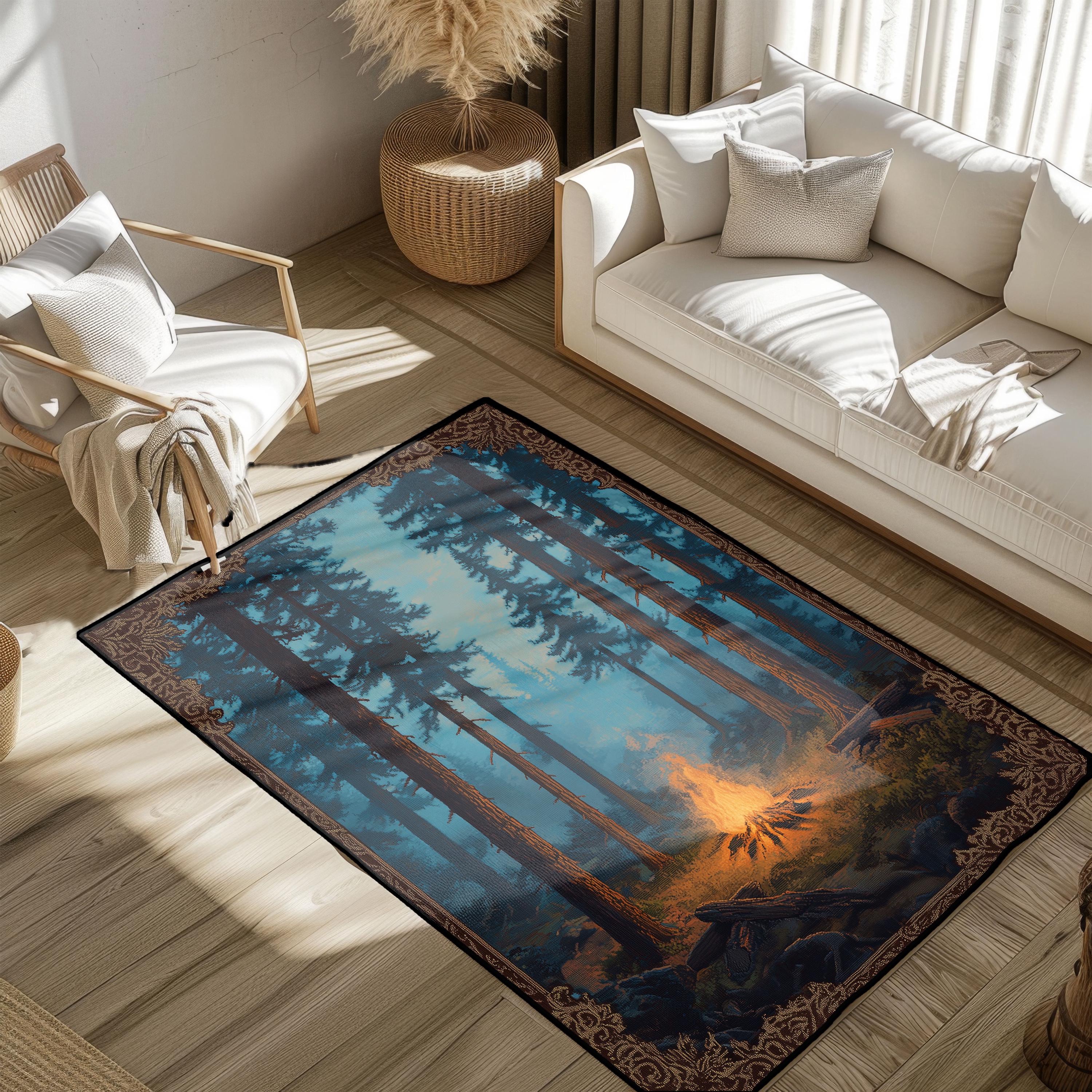 Camping Nature Rug, Forest Outdoors Rug, Campfire Hiking Rug