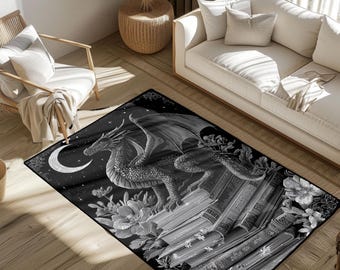 Tappeto per hobby fantasy reader, tappeto regalo per topi di biblioteca, tappetino per lavoro bibliotecario, tappeto decorativo dark academia, tappeto con mitologia gotica del drago