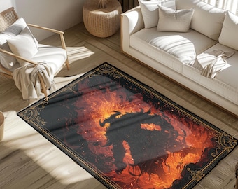 Vurige demon silhouet tapijt, fantasie vloerkleed interieur, gotische kunst tapijt, donkere fantasie tapijt, tapijt mythische wezens, tapijt horrorthema, gotische kamer