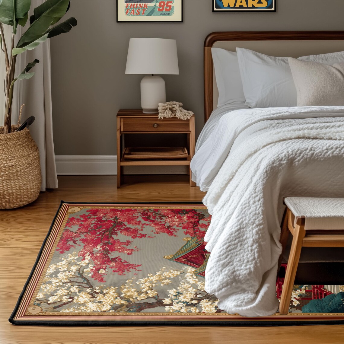 Pagoda Temple Design, Cherry Blossom Surround Rug, Oriental ...
