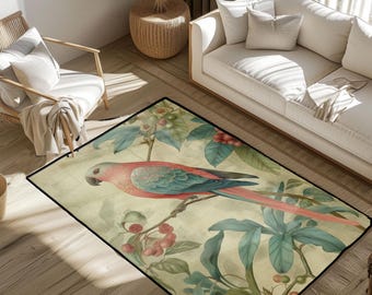 Bird Watcher Gift Rug, Vintage Parrot Area Rug, Botanical Ornithologist Mat, Nature Lover Housewarming Gift Floor Rug, Tropical Art Decor