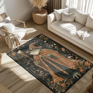 May include: A rectangular area rug featuring a whimsical illustration of a frog dressed as a wizard. The frog wears a pointed hat and flowing robes in shades of brown and orange. The rug has a dark background with floral and botanical accents.