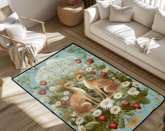 Cottagecore Decor Rug, Whimsical Deer For Nature Lover Rug, Forestcore Aesthetic Area Rug, Vintage Botanical For Animal Lover Gift Carpet