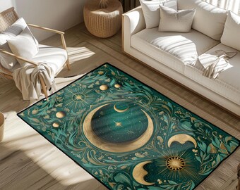 May include: A rectangular area rug with a celestial design. The rug features a dark teal background with gold accents, including crescent moons, stars, and sunbursts. The design is framed by a black border and is placed on a wooden floor.