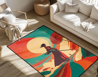 Samurai Frau Krieger Teppich, Anime Liebhaber Geschenk, Asiatisch inspirierte Kunst Bodenmatte, Martial Arts Fan Teppich, Housewarming Geschenk für Ihn Sie.