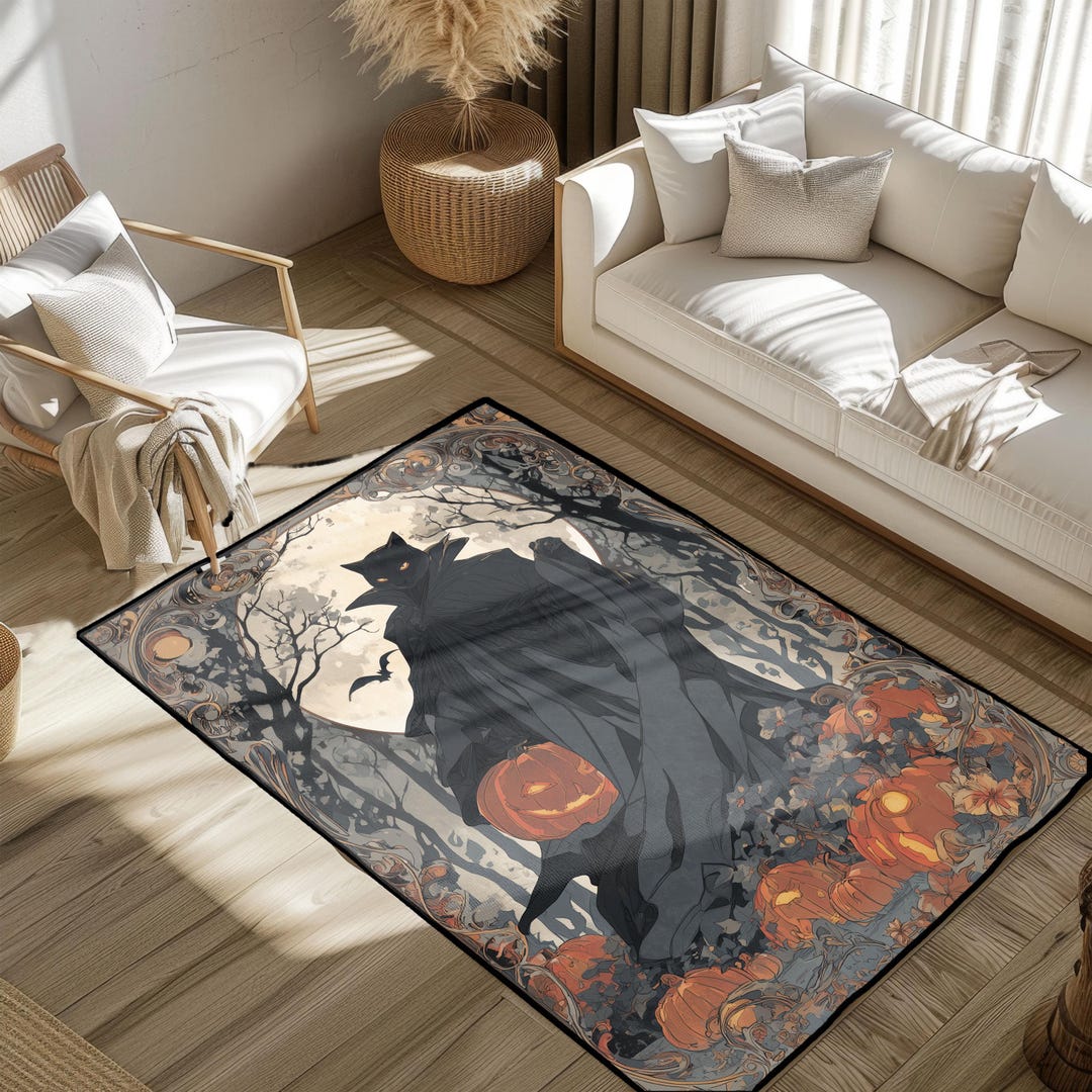 Gothic Halloween Decor Rug, Black Cat Pumpkin Area Rug, Spooky Season ...