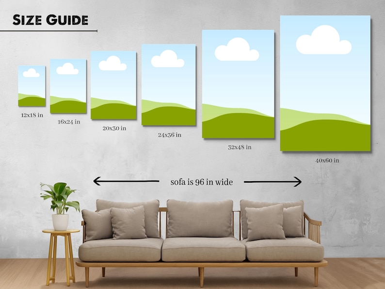 May include: A size guide displays canvas art prints in various sizes, from 12x18 inches to 40x60 inches. Each print features a blue sky with a white cloud and green rolling hills. A sofa, 96 inches wide, is shown for scale.