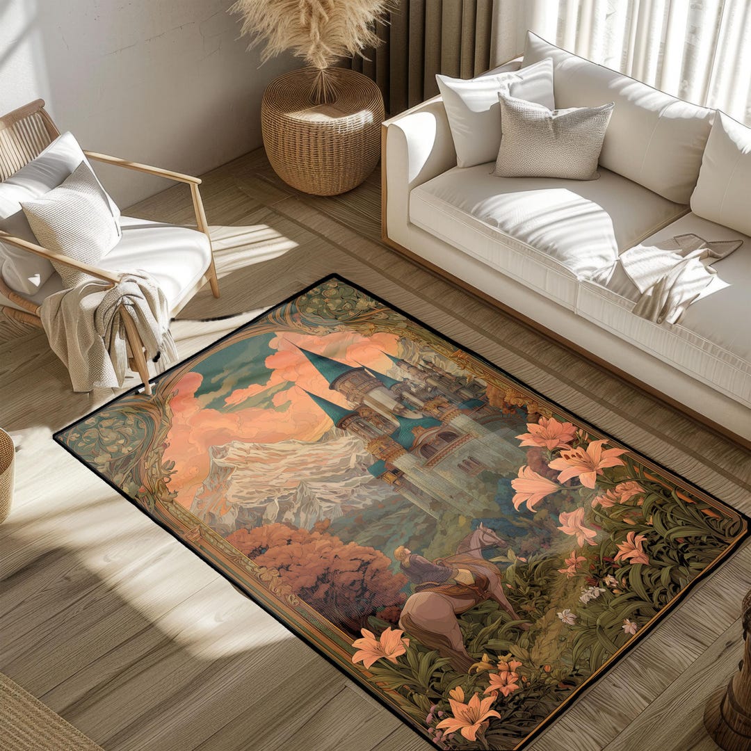 Knight Castle Rug Fairytale Castle Rug, Storybook Illustration Area Rug, Knight on Horse ...