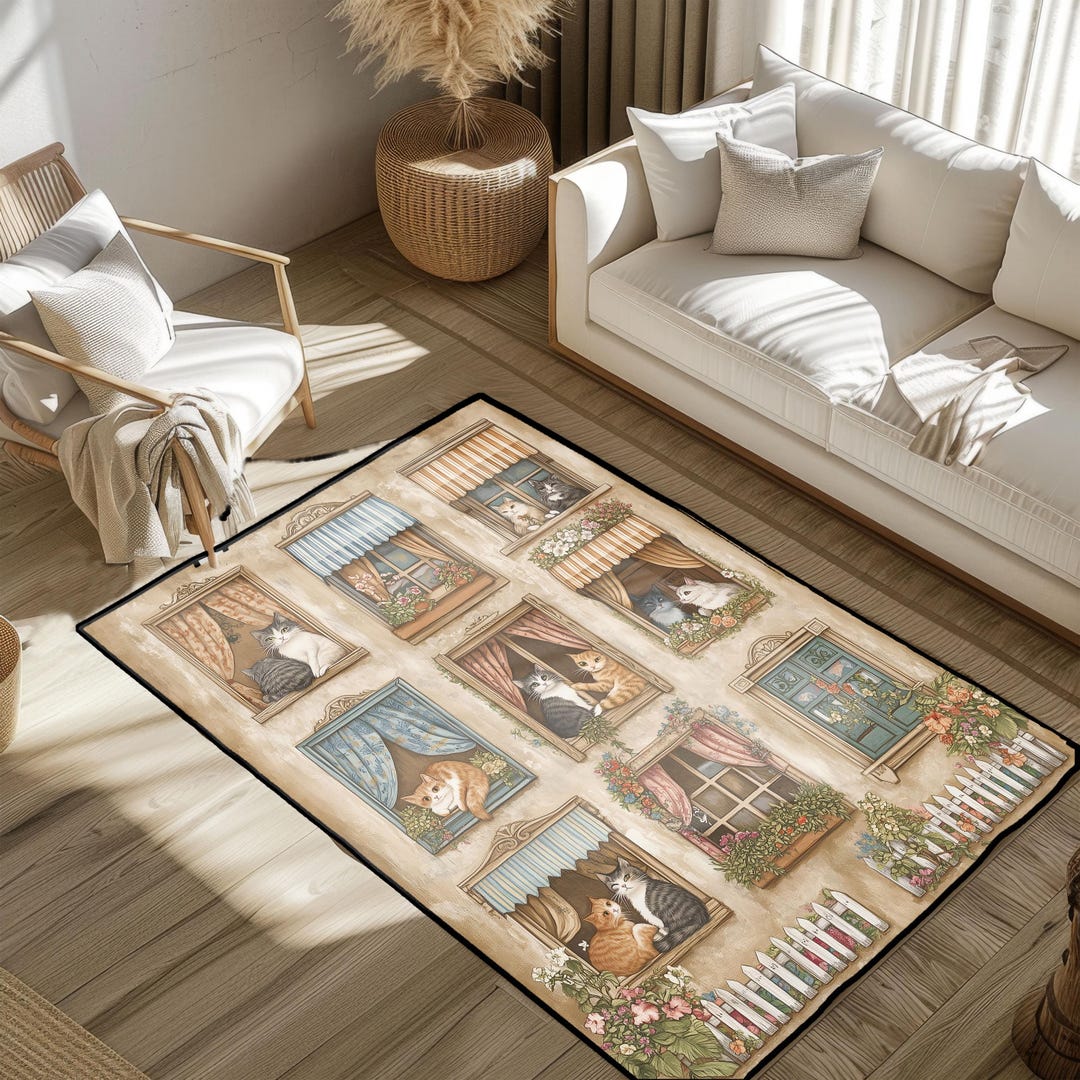 Cozy Cats in Windows Rug, Vintage Cottagecore Area Rug, Whimsical Cat ...