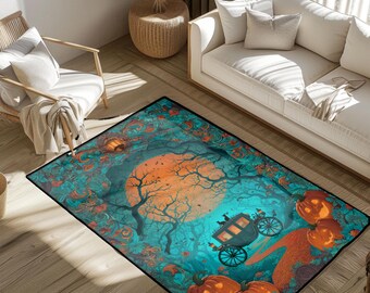 Alfombra espeluznante de noche de Halloween, alfombra gótica con forma de carruaje de calabaza, alfombra de bosque con luna llena de brujas, alfombra de suelo para regalo de amante de Jack O'Lantern, embrujada