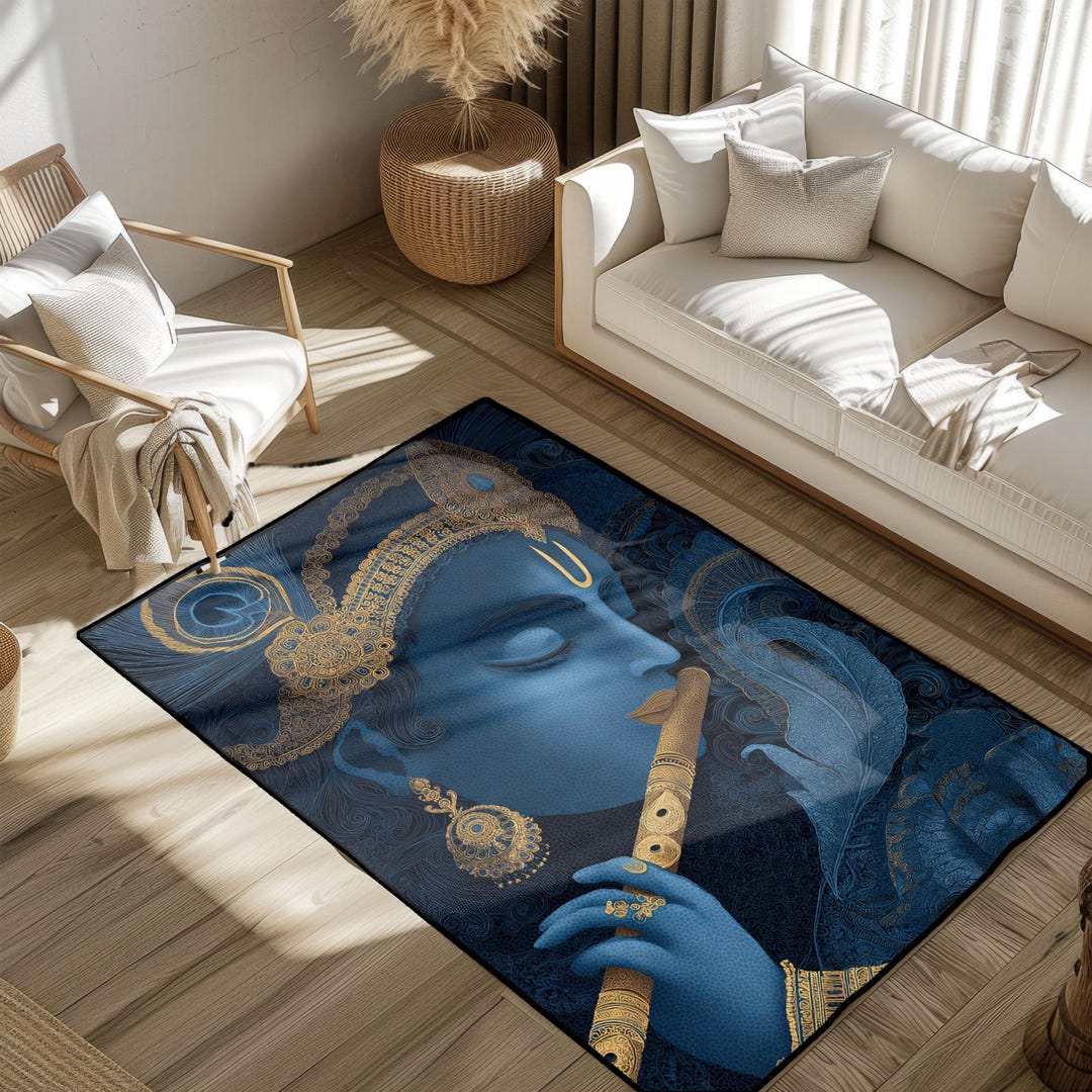 Lord Krishna Art Rug, Hindu God Spiritual Floor Mat, Divine Flute ...