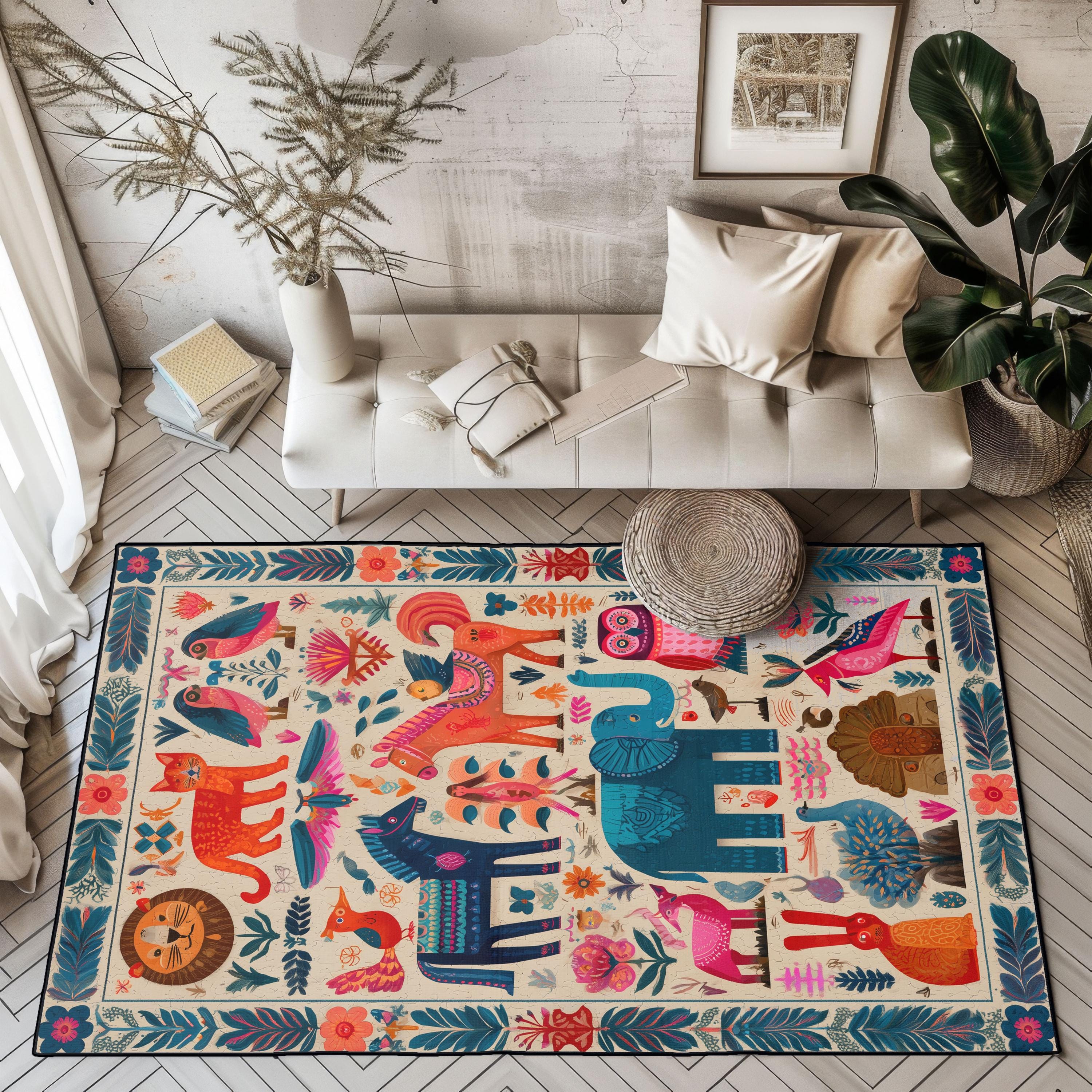 Folk Art Animal Rug, Otomi Inspired Nursery Decor Rug, Kids Playroom ...