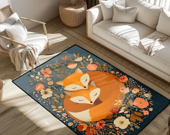 Sleeping Fox Rug, Mother And Baby Nursery Rug, Animal Lover Gift Area Rug, Baby Shower Gift Accent Rug, Woodland Creature Floor Mat Couple