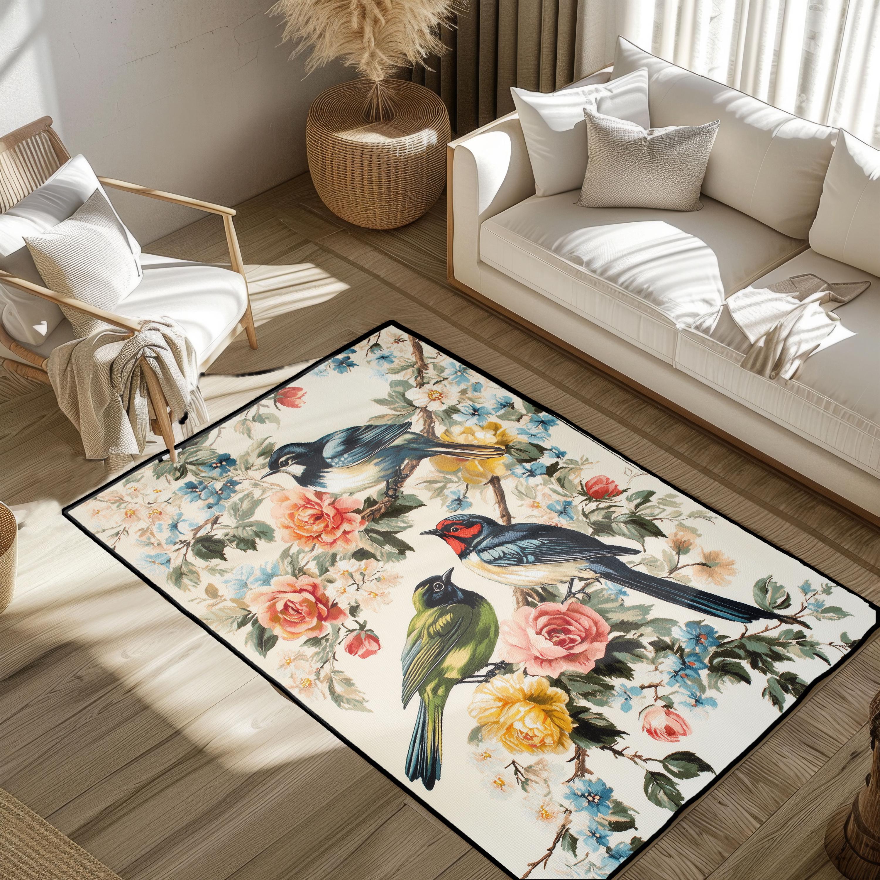 Vintage Bird Floral Rug, Spring Home Decor Rug, Nature Lover Gift Rug, Cottagecore Accent Rug, Botanical Illustration For Living Room Rug