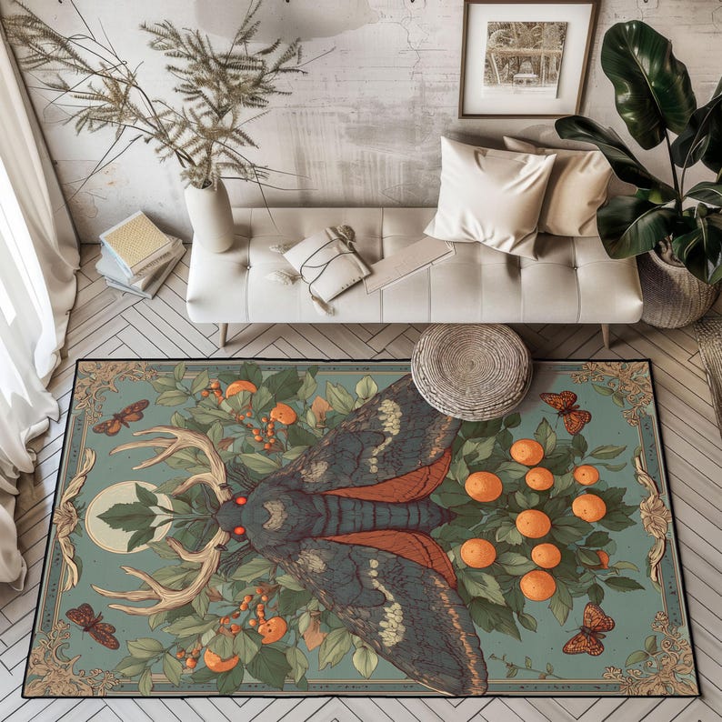 Gothic Moth With Antlers Rug, Dark Academia Cryptid Carpet, Witchy Home ...