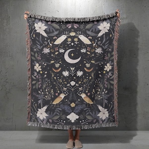 Celestial Moon 100% Cotton Woven Blanket, Dark Botanical Throw, Witchy Cottagecore Tapestry, Mystical Bird Blanket, Nature Lover Gift Idea.