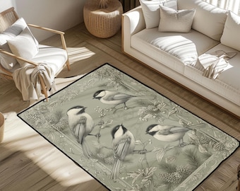 Bird Watcher Gift Rug, Ornithologist Hobby Floor Mat, Chickadee Lover Area Rug, Gift For Mom Carpet, Grandma Housewarming Nature Rug
