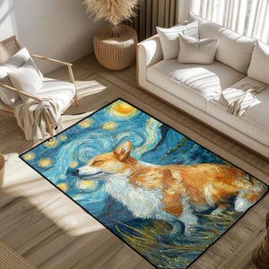 Starry Night Corgi Rug, Dog Lover Gift Floor Mat, Corgi Mom And Dad Housewarming Area Rug, Funny Art Parody Pet Owner Decor Rug, Arena Rug