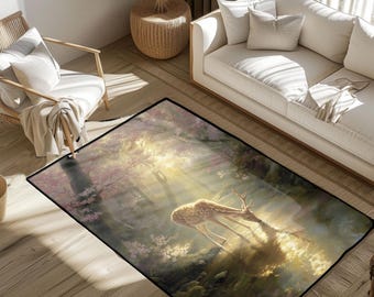 Nature Lover Rug, Fantasy Forest Deer Area Rug, Hunter Dad Gift Carpet, Spiritual Wildlife Art Floor Mat, Rustic Cabin Decor Cottagecore Rug