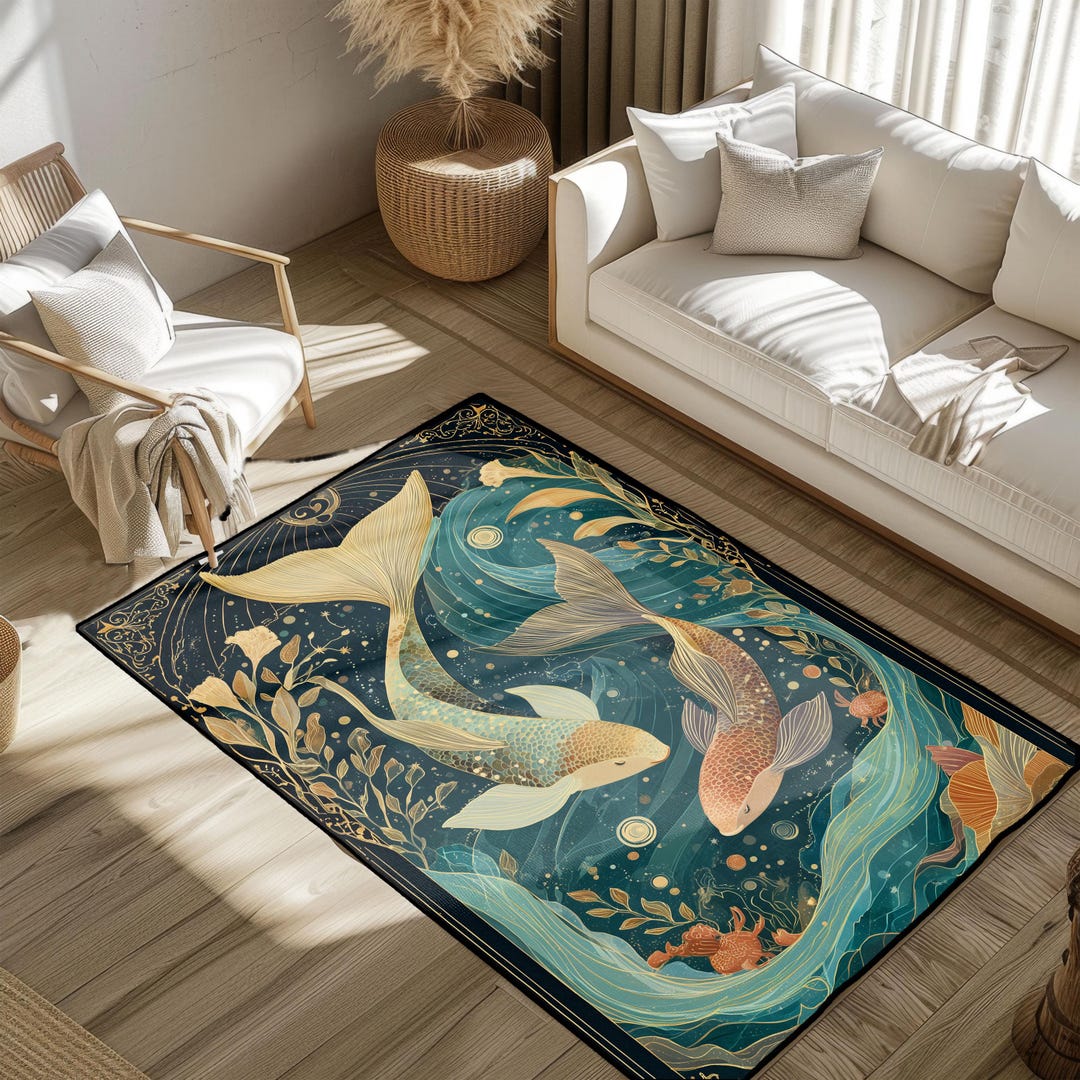Aquatic Rug Elegant Koi Fish Rug, Fish Decor Rug, Marine Life Rug, Nature Inspired ...