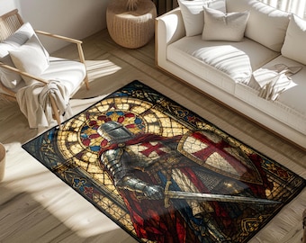 Medieval Knight Stained Glass Rug, Gothic Armor Area Rug, Castle Hall Floor Decor, Fantasy Warrior Home Accent Gift for History Lovers Decor