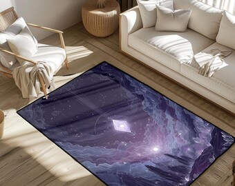May include: A rectangular area rug with a celestial design. The rug features a dark blue background with a diamond-shaped crystal, stars, and swirling clouds in shades of purple and white. The rug is placed on a wooden floor.