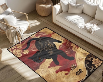 Alfombra de regalo para amantes de los gatos negros japoneses, alfombra de estilo artístico Ukiyo-e, alfombra de decoración para el hogar de inspiración asiática, alfombra decorativa con arte felino con ondas doradas orientales.