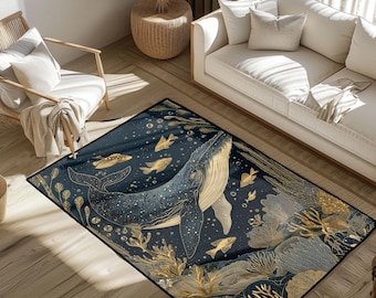 Ocean Lover Gift Rug, Marine Biologist Area Rug, Coastal Home Decor Mat, Whale Watching Hobby Rug, Nautical Living Room Rug, Gold Sea Life