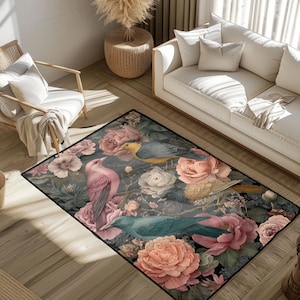 Vintage Floral Bird Rug, Elegant Botanical Bird Mat, Tropical Birds Floral Design Carpet, Nature Lovers Bird Theme Decor, Home Decor Rug