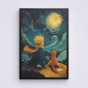 Little Prince And Fox Canvas, Starry Night Poster, Book Lover Gift Art Print, Friendship Wall Art, Nursery Decor Room, Reading Hobby Canvas