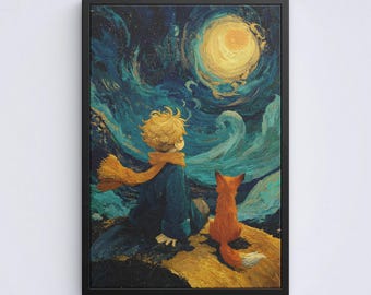 Little Prince And Fox Canvas, Starry Night Poster, Book Lover Gift Art Print, Friendship Wall Art, Nursery Decor Room, Reading Hobby Canvas