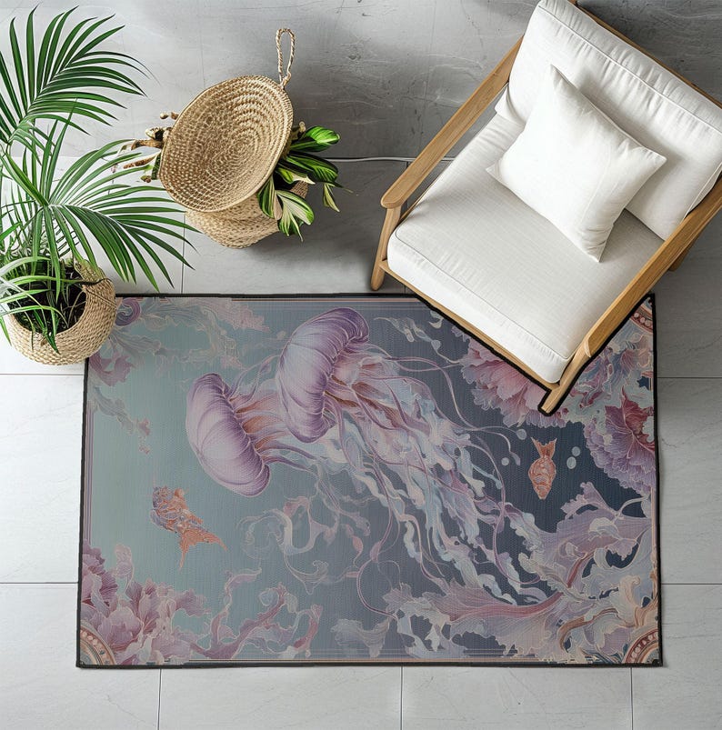 Peut inclure: Tapis rectangulaire avec un motif aquarelle de deux m&eacute;duses violettes et blanches, avec des tentacules fluides. Le tapis a un fond bleu-vert et gris avec des accents floraux et de poissons. Un panier tress&eacute;, une chaise et une plante en pot sont en arri&egrave;re-plan.