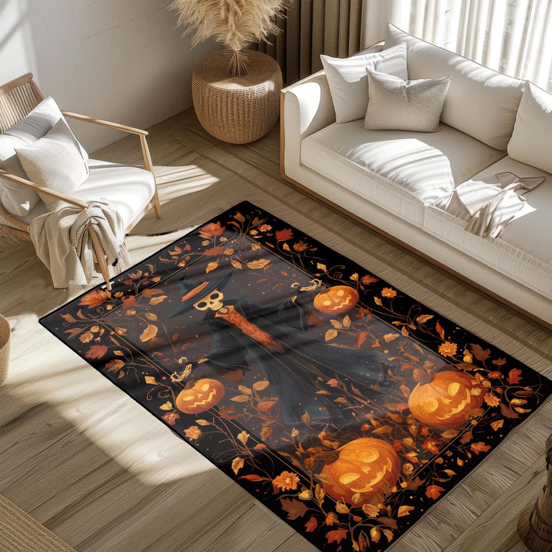 Large Spooky Rug Halloween Pumpkin Skull Rug, Autumn Leaves Fall Rug, Spooky Decoration ...