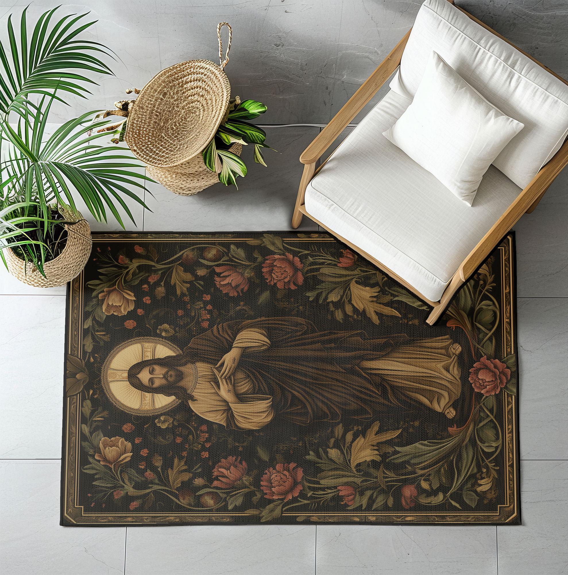 Jesus Christ With Flowers Rug, Christian Faith Decor Rug