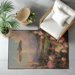 May include: A rectangular area rug featuring a surreal landscape with a golden UFO hovering above a pastoral scene. The rug has a floral border with pink and white roses, and a light blue sky with clouds.