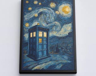 Sternenklare Nacht TARDIS Leinwand, Whovian Fan Poster, Sci Fi Liebhaber Wandkunst, Fernsehserie Fan Geschenk Kunstdruck, inspiriertes Plakat Polizei Leinwand.