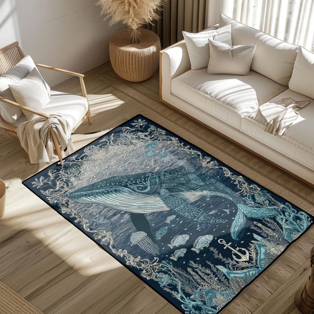 Whale Ocean Rug, Marine Life Rug, Sea Creature Rug, Nautical Decor