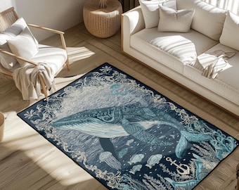 Wal Ozean Teppich, Meerestiere Teppich, Wollteppich, Meer Liebhaber Geschenk Teppich, Meerestiere Teppich, Unterwasserwelt