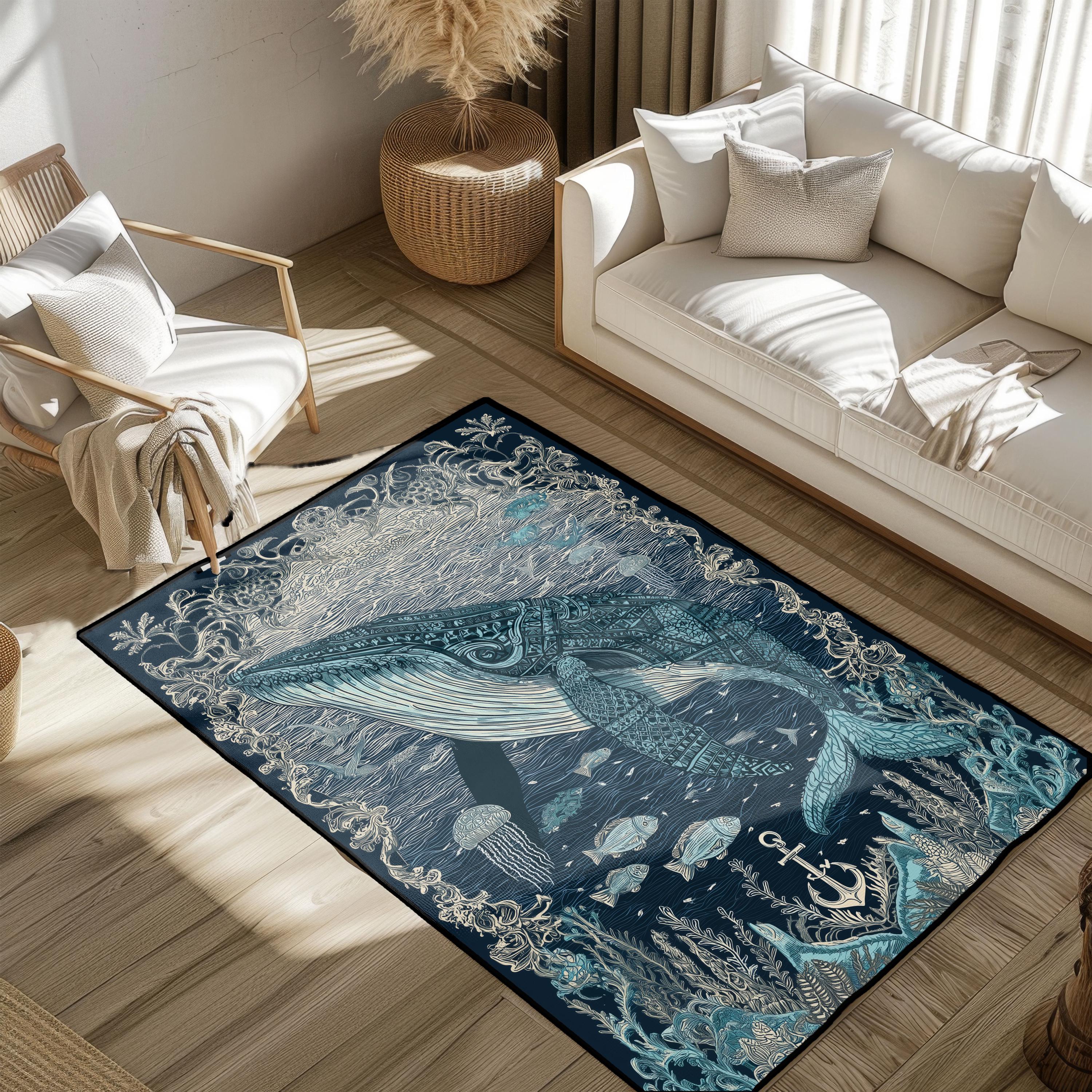 Whale Ocean Rug, Marine Life Rug, Sea Creature Rug, Nautical Decor