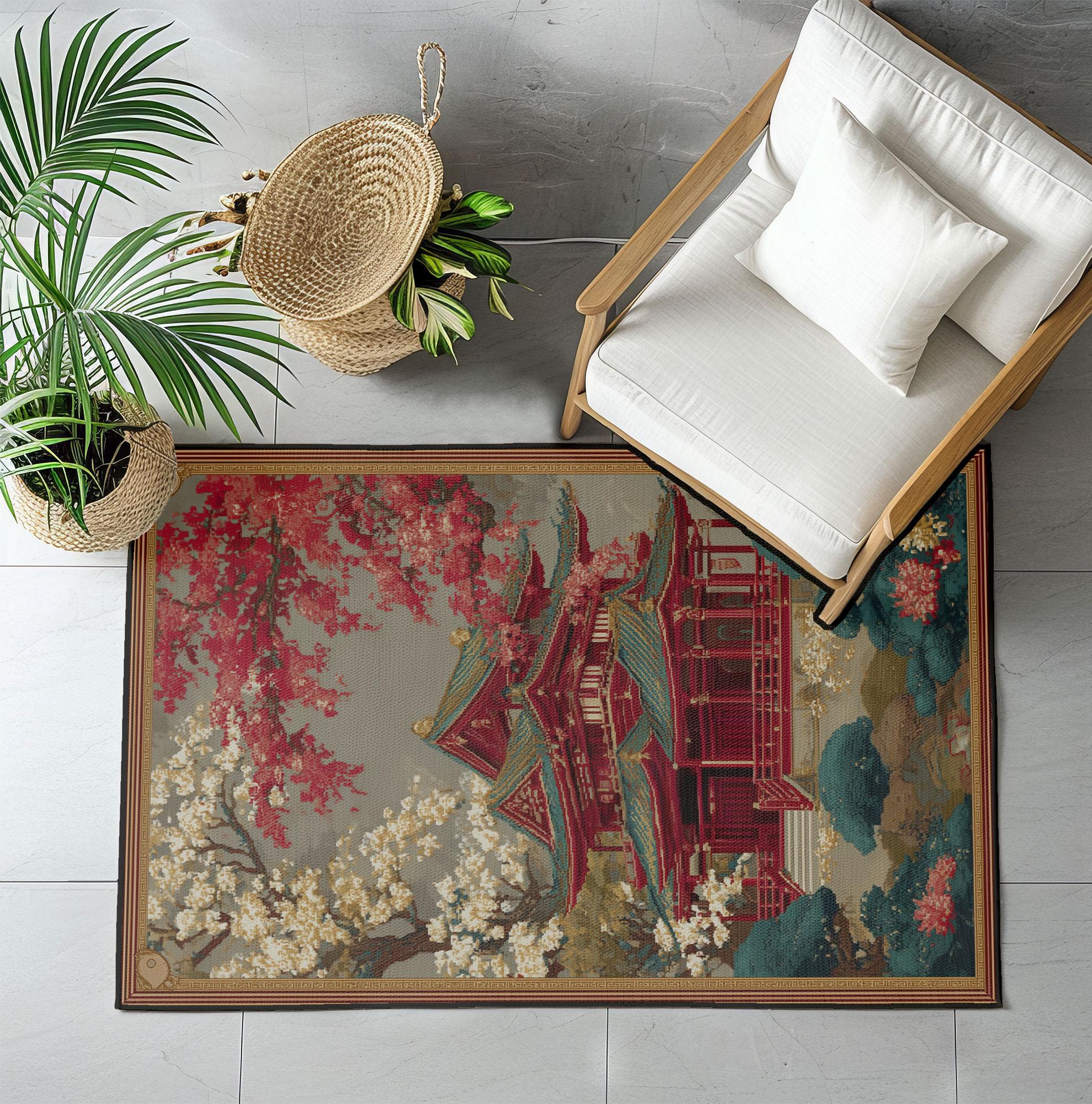 Pagoda Temple Design, Cherry Blossom Surround Rug, Oriental ...