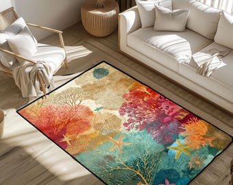 Alfombra con arrecife de coral submarino, alfombra con estrellas de mar, alfombra con decoración de naturaleza marina, alfombra costera para sala de estar, alfombra náutica para amantes del océano