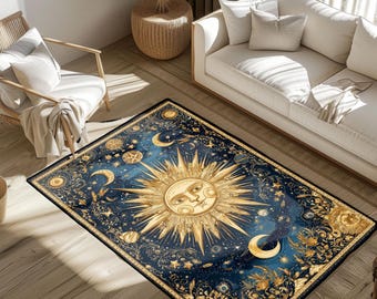 May include: A rectangular area rug with a celestial design. The rug features a large golden sun with a smiling face at the center, surrounded by moons, stars, and planets on a dark blue background. The rug is placed on a wooden floor.
